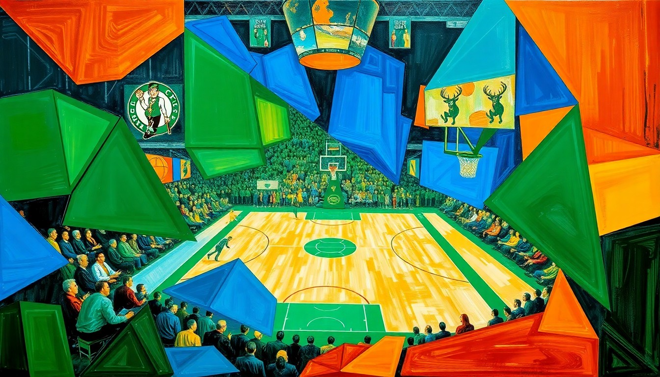 A fractured, cubist-style painting depicting the dynamic action of a fast-paced NBA basketball game, with players and the court rendered in overlapping geometric shapes and vibrant colors.
