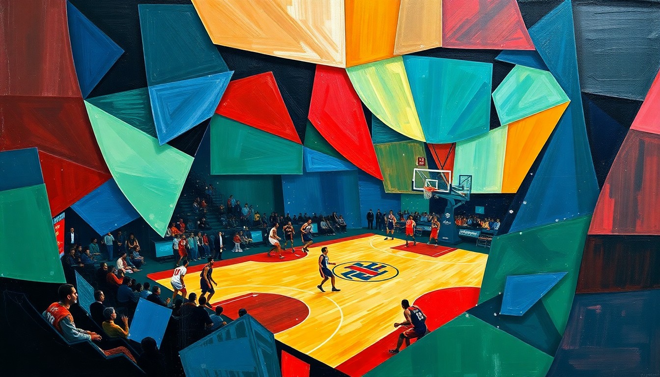 A cubist, geometric painting depicting a fragmented basketball game, with sharp planes of navy, green, and red overlapping to create a dynamic, abstract composition.