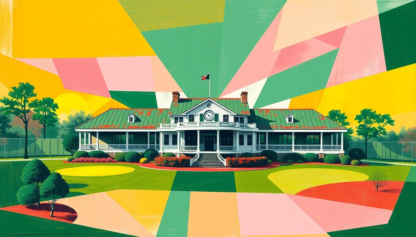 A cubist, geometric painting depicting the Augusta National Golf Club clubhouse and grounds in a fractured, multi-perspective style, using overlapping planes of emerald green, azalea pink, and golden yellow to capture the exclusive and competitive nature of securing tickets to the prestigious Masters Tournament.