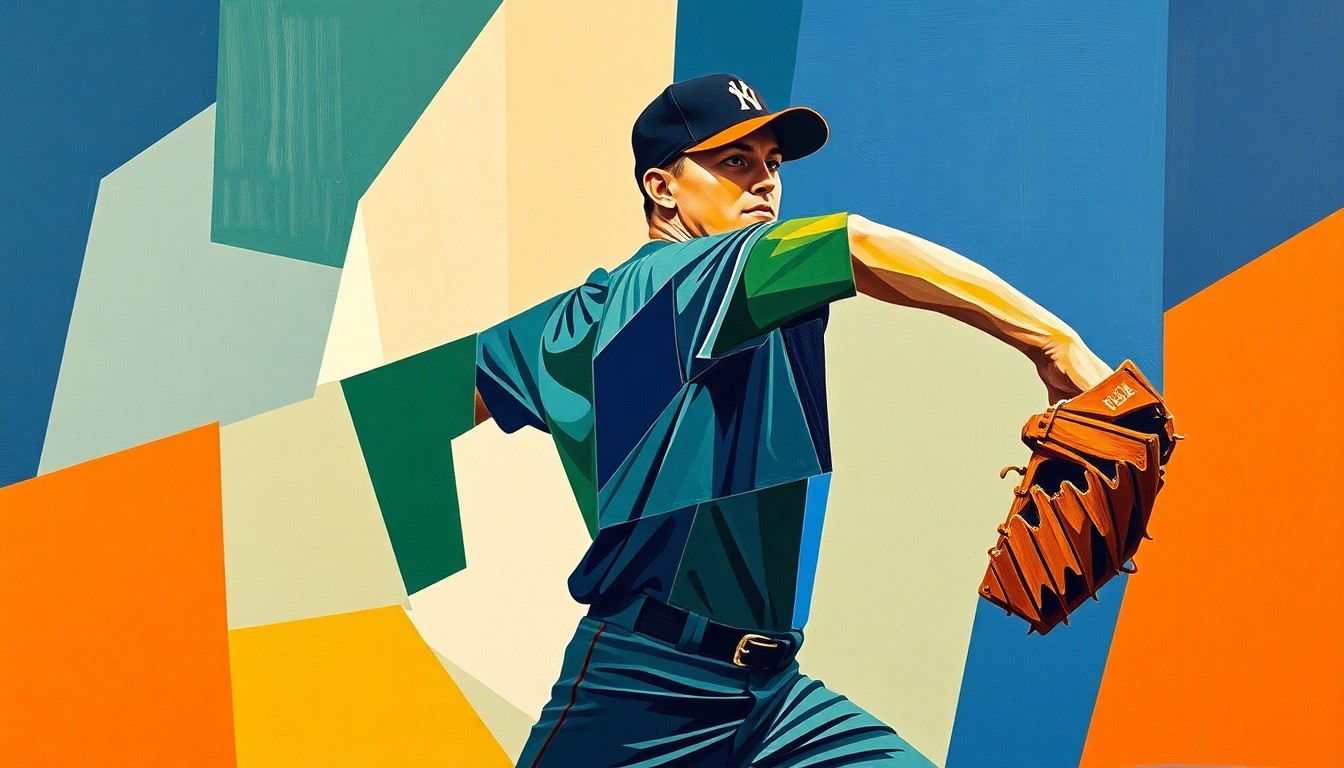 A fragmented, cubist-style painting depicting the motion of a baseball pitcher's throwing arm, broken down into sharp, overlapping geometric shapes in a palette of navy, green, and orange, conceptually representing the complex legacy of Atlanta Braves pitcher Chris Sale.