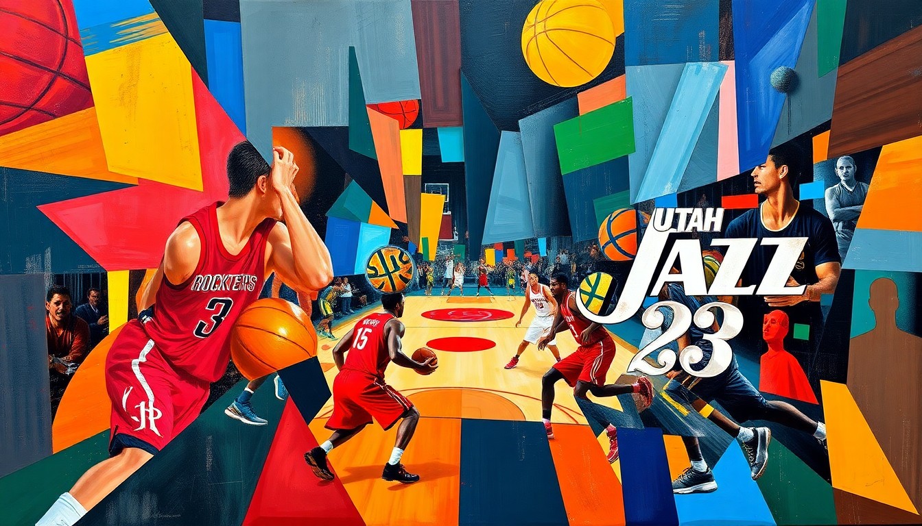 A fractured, geometric painting in vibrant colors representing the basketball game between the Houston Rockets and Utah Jazz, with sharp planes and overlapping shapes capturing the intensity of the matchup.
