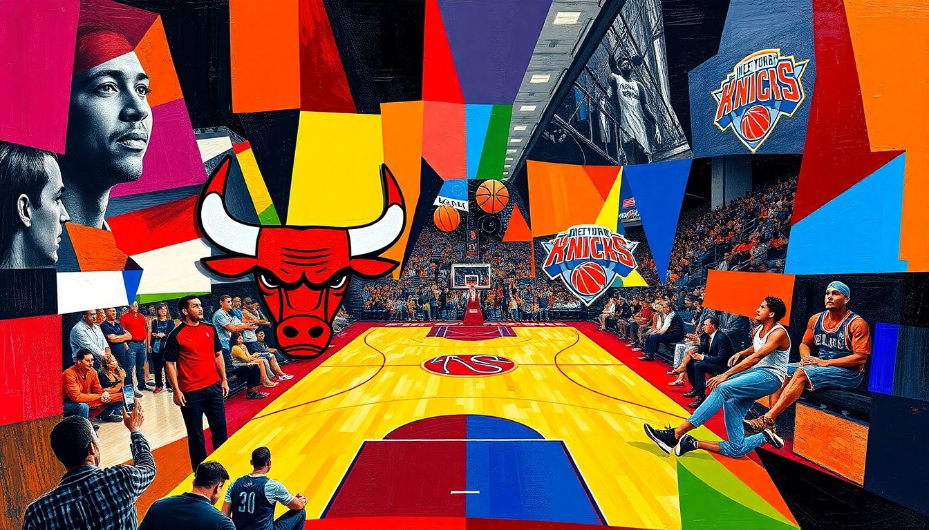 A cubist-style painting depicting a basketball game between the Chicago Bulls and New York Knicks, with the players and court broken down into overlapping geometric shapes and planes in the team's official colors.