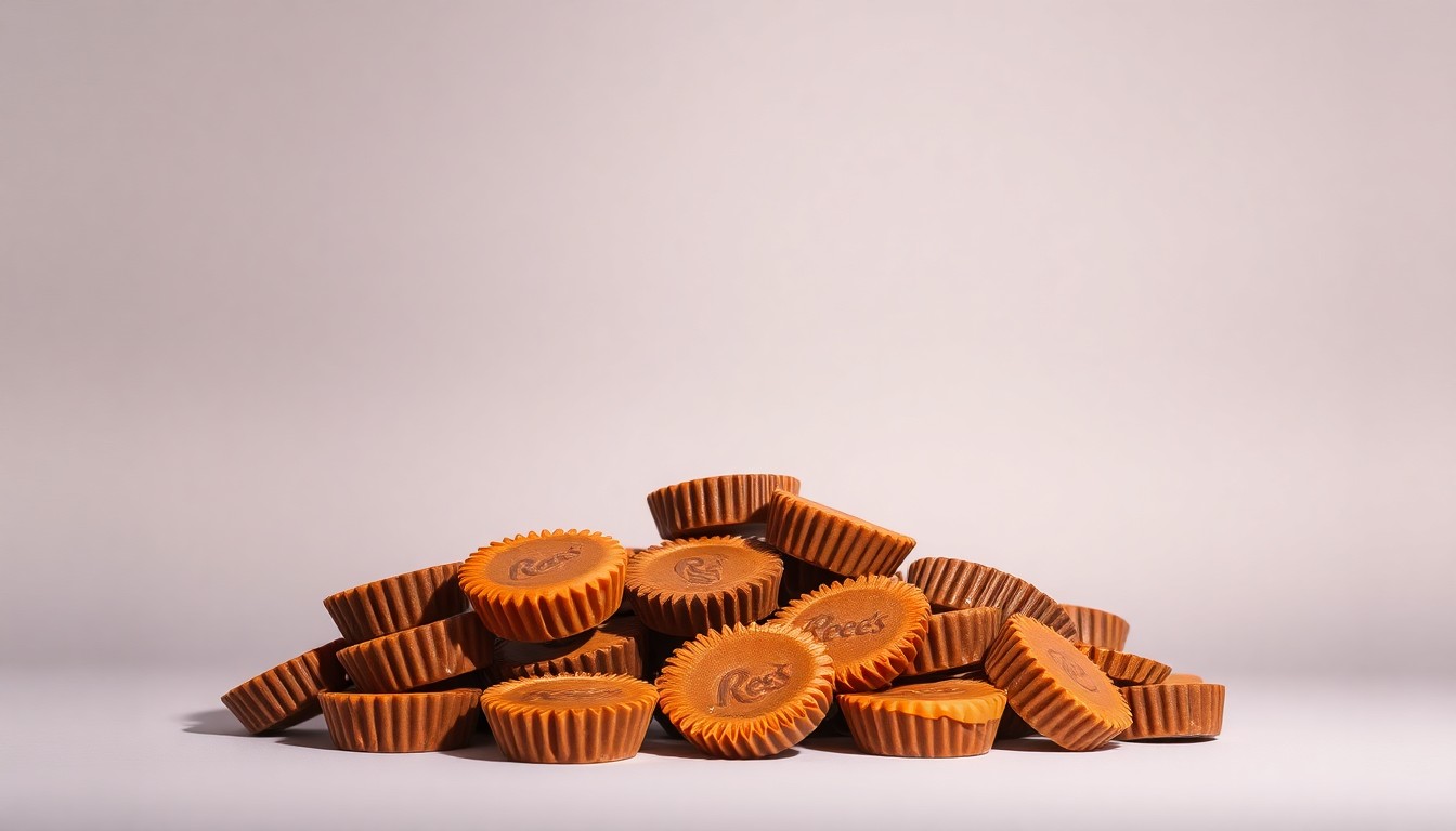 A high-end studio still life photograph featuring a pile of classic Reese's Peanut Butter Cups, their iconic orange and brown wrappers contrasting against a clean, monochromatic background with dramatic lighting and deep shadows, conceptually representing the brand's efforts to regain consumer trust.
