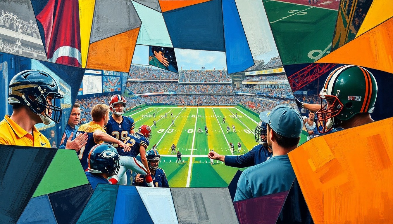 A fragmented, geometric painting depicting the interaction between two football coaches, with sharp planes of color and form representing the strategic nature of their profession.