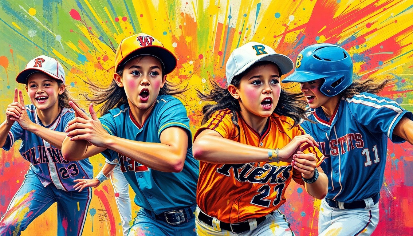 An abstract expressionist painting in vibrant neon colors, capturing the dynamic motion and energy of a high school softball game with players' faces and uniforms dissolving into unrecognizable brushstrokes.