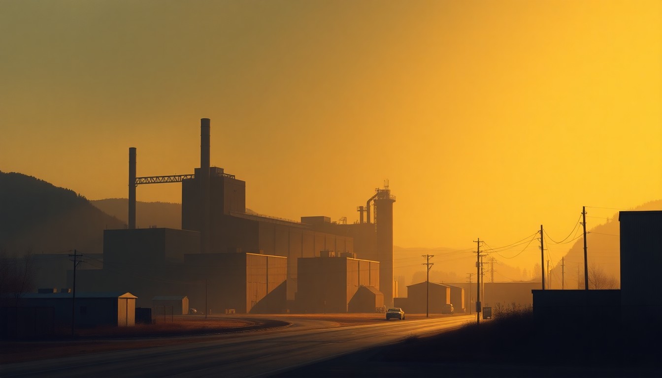 A serene, cinematic painting depicting an industrial facility in a small town, with warm sunlight and deep shadows creating a contemplative mood around the new sustainable manufacturing plant.