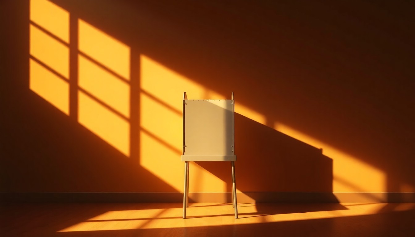 An empty voting booth with a wooden structure and curtain, lit by warm diagonal sunlight and deep shadows, conveying a sense of civic duty and the importance of accessible voting.