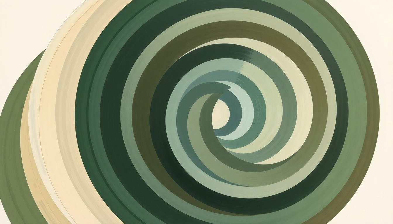 An abstract, highly structured painting in muted earth tones, featuring sweeping geometric arcs, concentric circles, and precise spirals, conceptually representing the complex infrastructure and natural forces of a nuclear power plant.