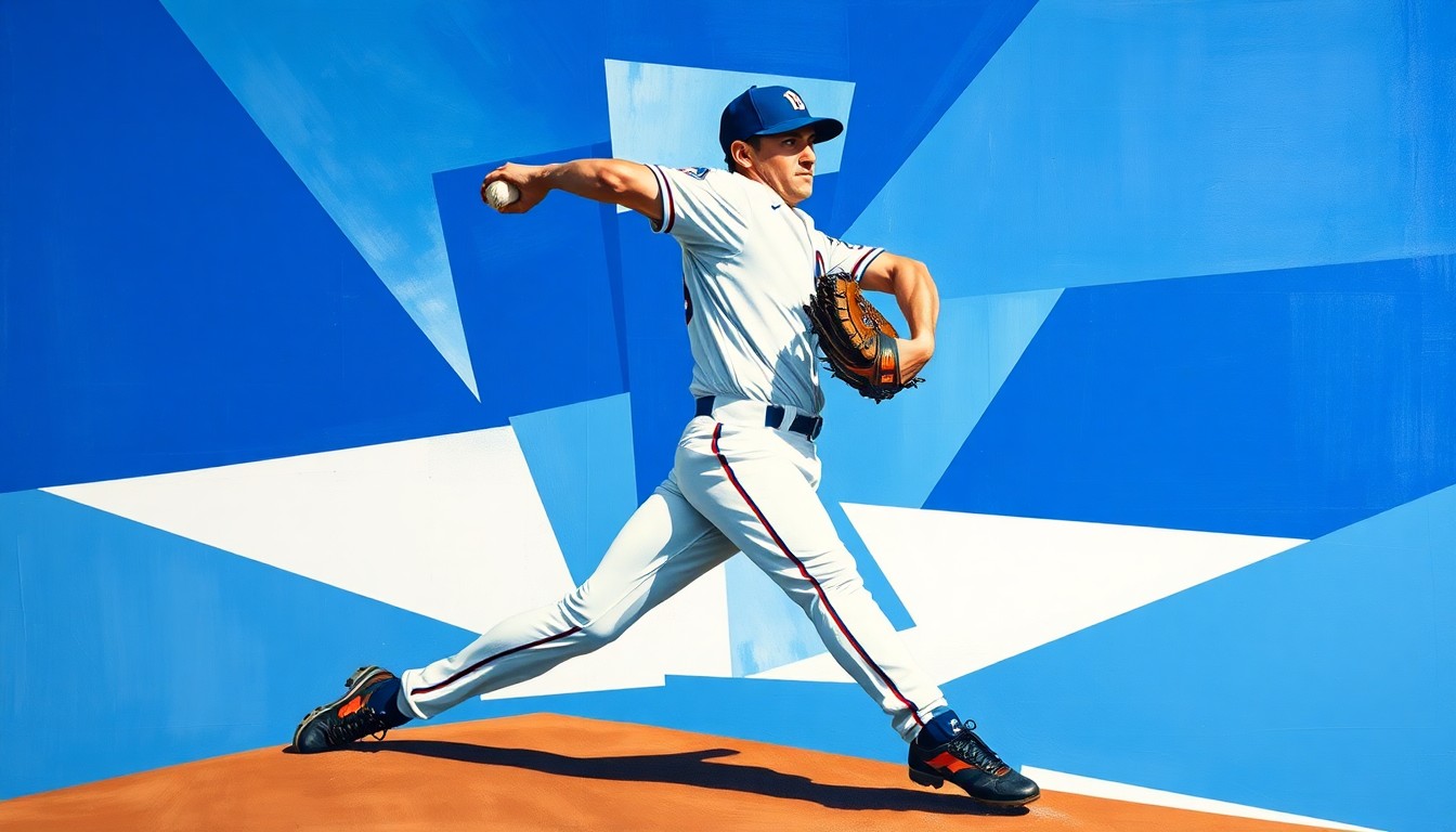 A fragmented, geometric painting depicting a baseball pitcher's windup and delivery, with sharp, overlapping planes of royal blue, powder blue, and white, conveying the raw energy and movement of the sport.