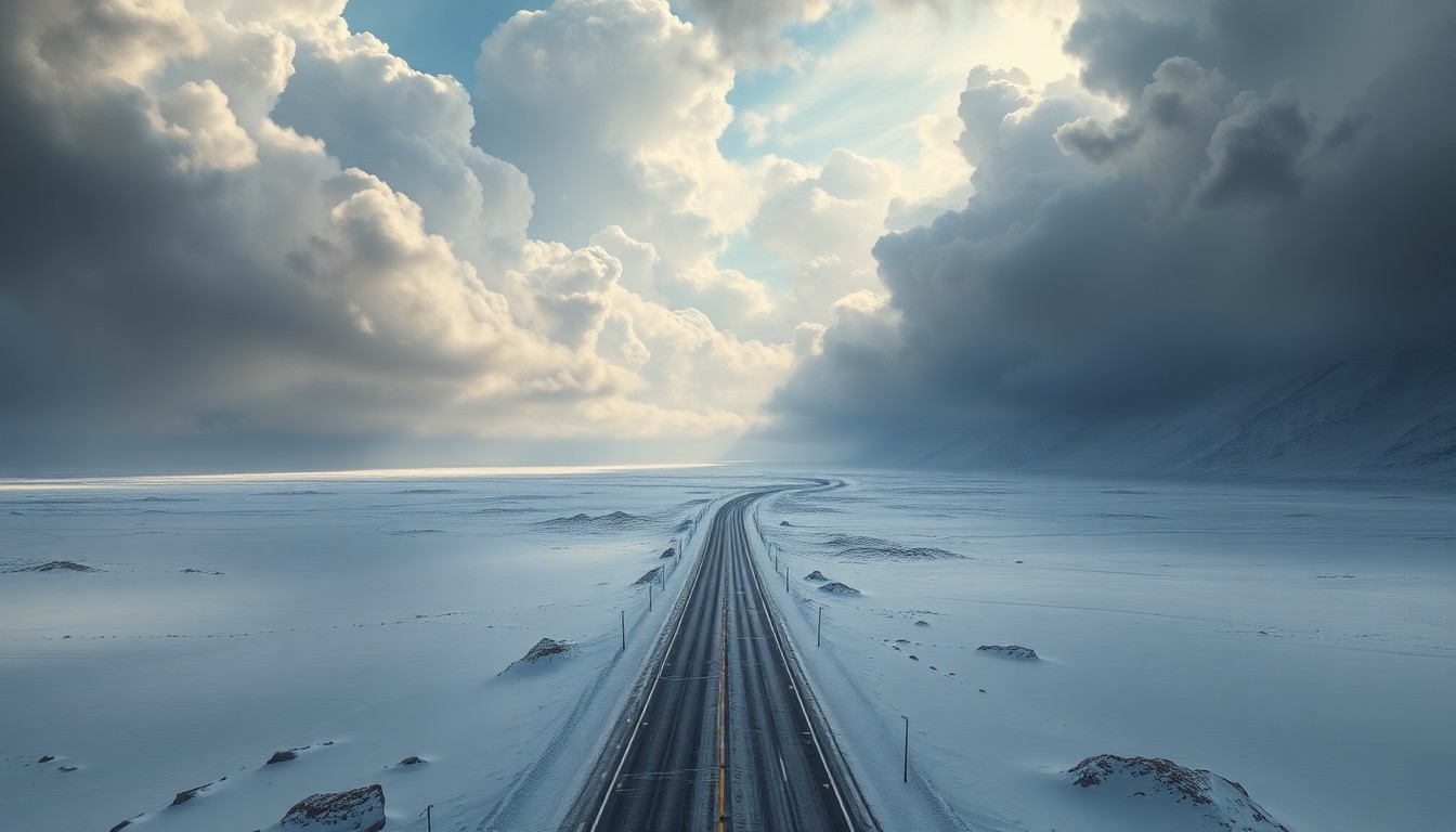 A sweeping, atmospheric landscape painting in muted tones of white, grey, and blue, depicting a snow-covered highway winding through a vast, frozen expanse, with towering clouds obscuring the horizon, conveying the overwhelming power and sublime beauty of the natural world.