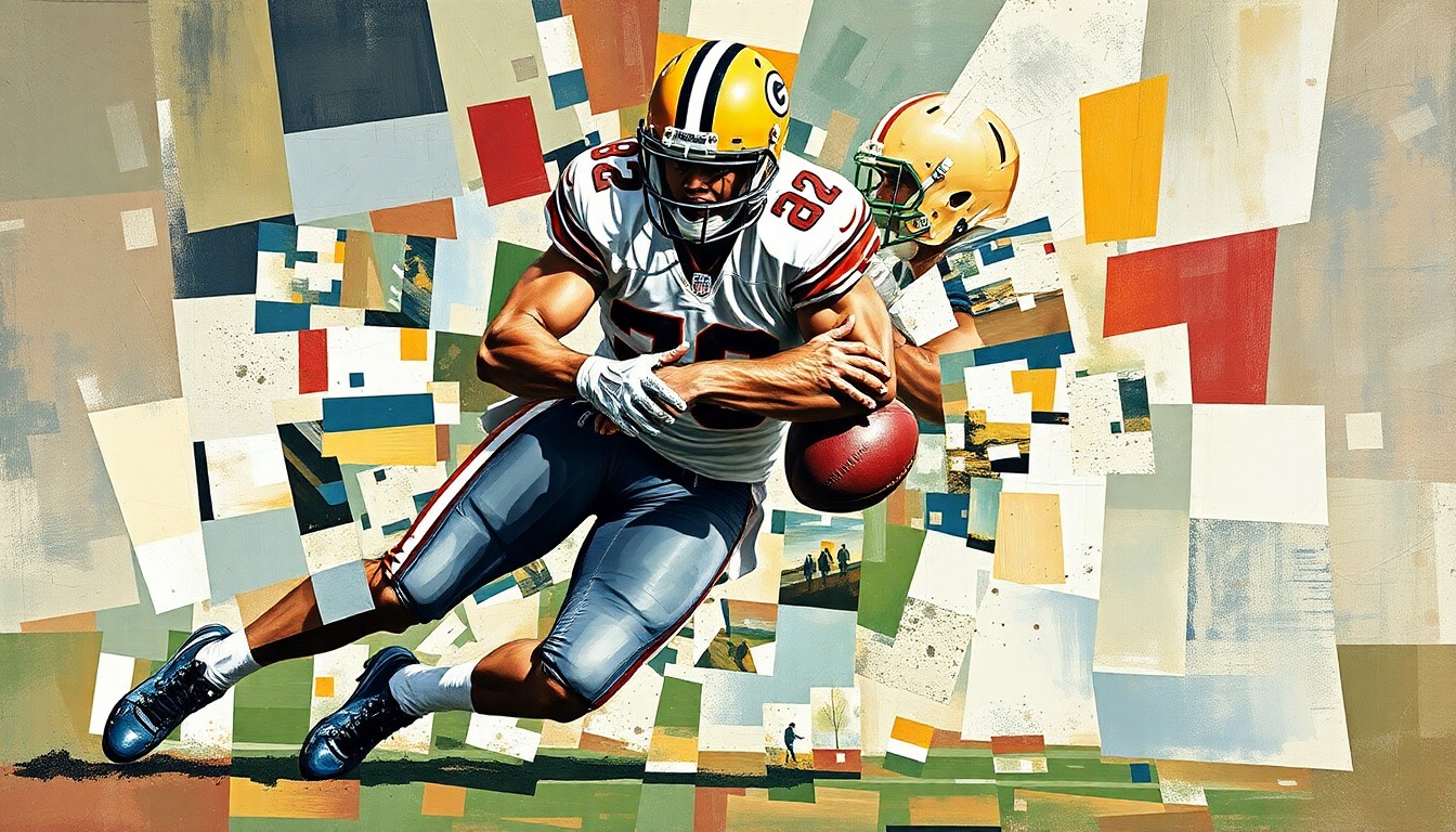 A cubist, geometric painting depicting a defensive tackle making a tackle, with the player's body broken down into sharp, overlapping planes of color and shape.