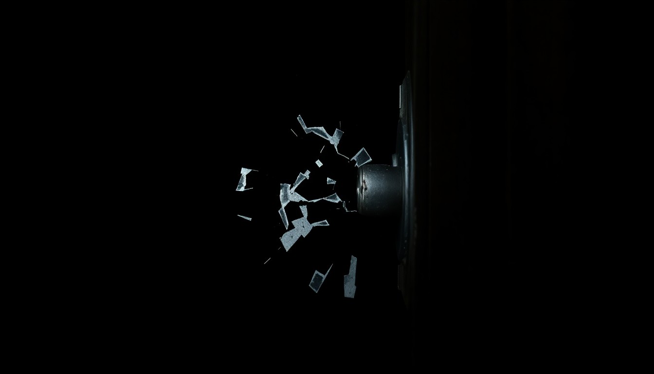 An extreme close-up photograph of a damaged door frame, lit by a harsh, direct camera flash against a pitch-black background, conceptually illustrating the aftermath of a home invasion.