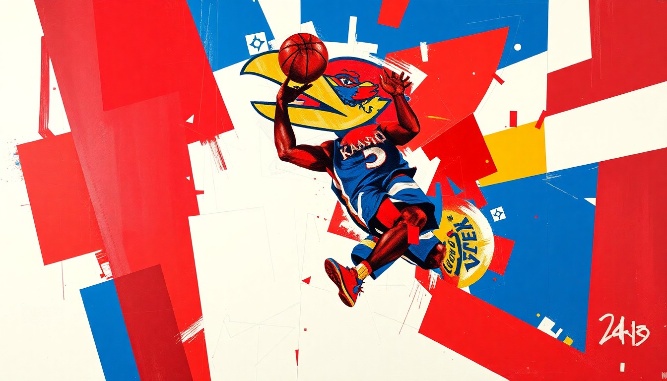 A fractured, cubist-style painting depicting the movements and actions of a basketball player, broken down into sharp, overlapping geometric shapes in the team colors of crimson red, royal blue, and white.