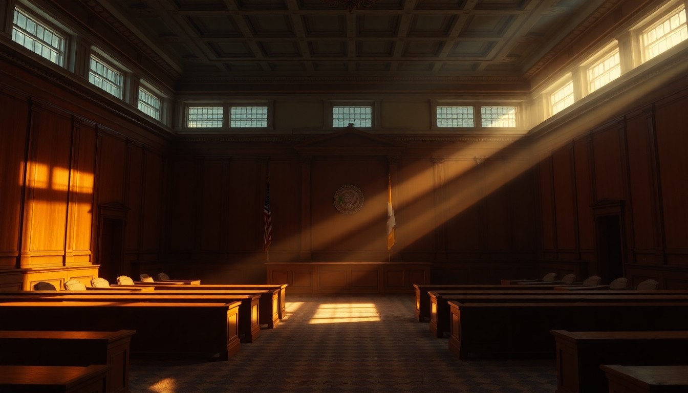 A moody, cinematic painting of an empty, dimly lit courtroom, with warm sunlight streaming in through the windows and deep shadows casting a somber, contemplative mood, capturing the solemnity and gravity of the state's highest legal institution.