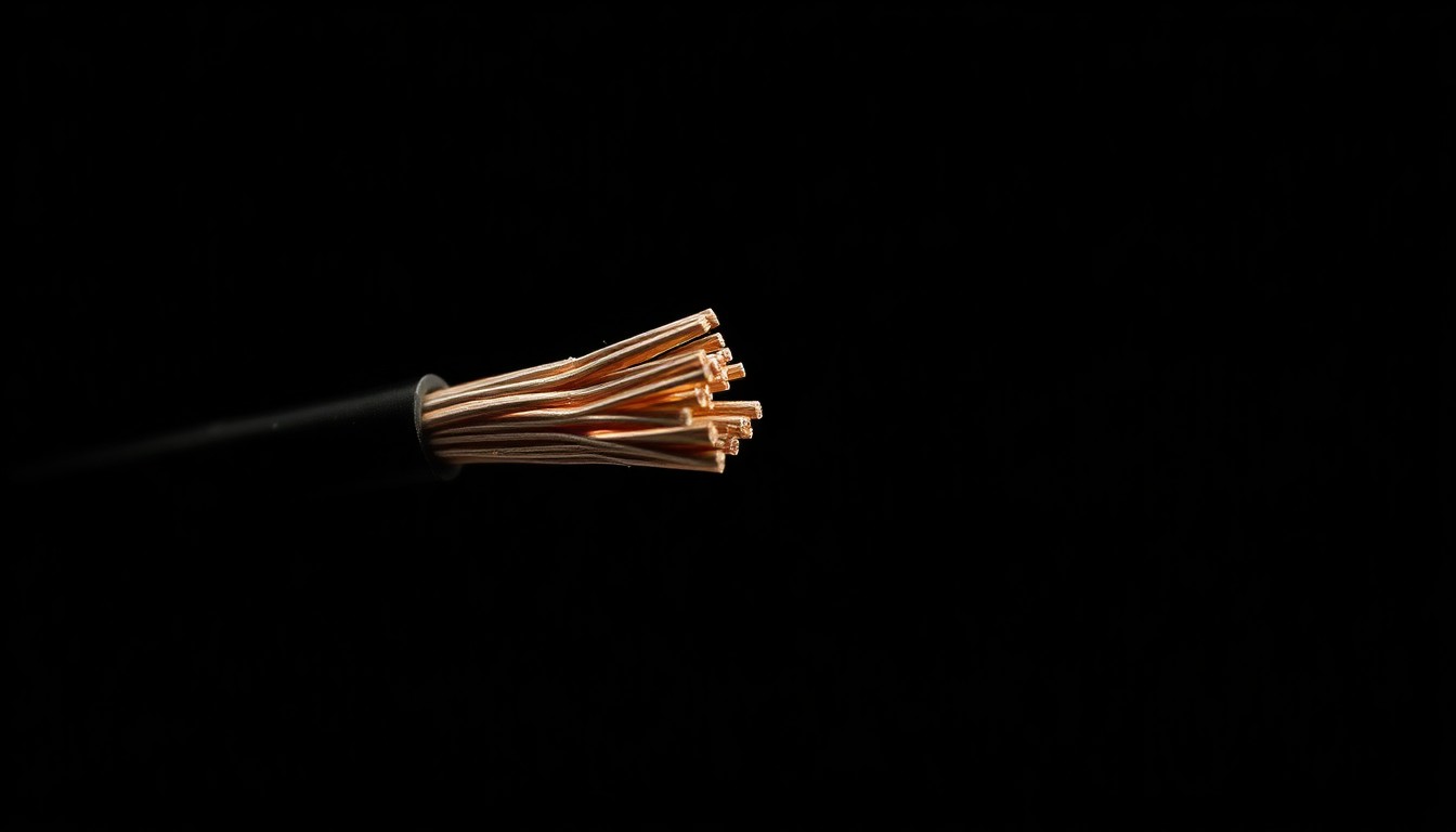 An extreme close-up photograph of a severed copper wire end reflecting a harsh, direct camera flash, conceptually illustrating the damage caused by copper theft.