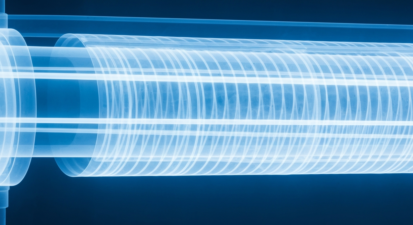 A translucent, ghostly X-ray image of the internal structure of a water treatment plant filter, revealing its complex machinery in glowing blue lines against a dark background, conceptually representing the need for transparency and rigorous testing of municipal water systems.