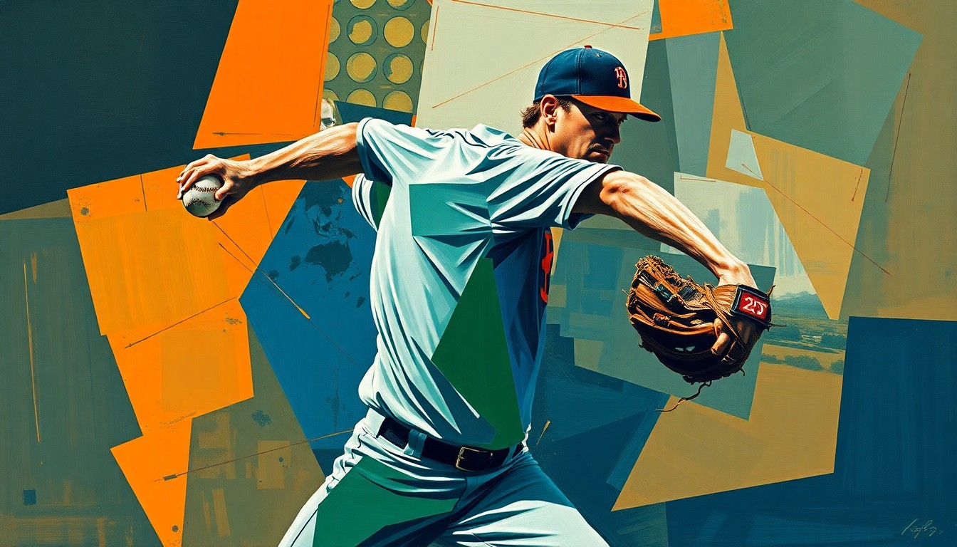 A fragmented, geometric painting depicting a baseball pitcher's throwing motion, with sharp planes of navy, green, and orange colors overlapping to create a dynamic, abstract visual representation of the sport.