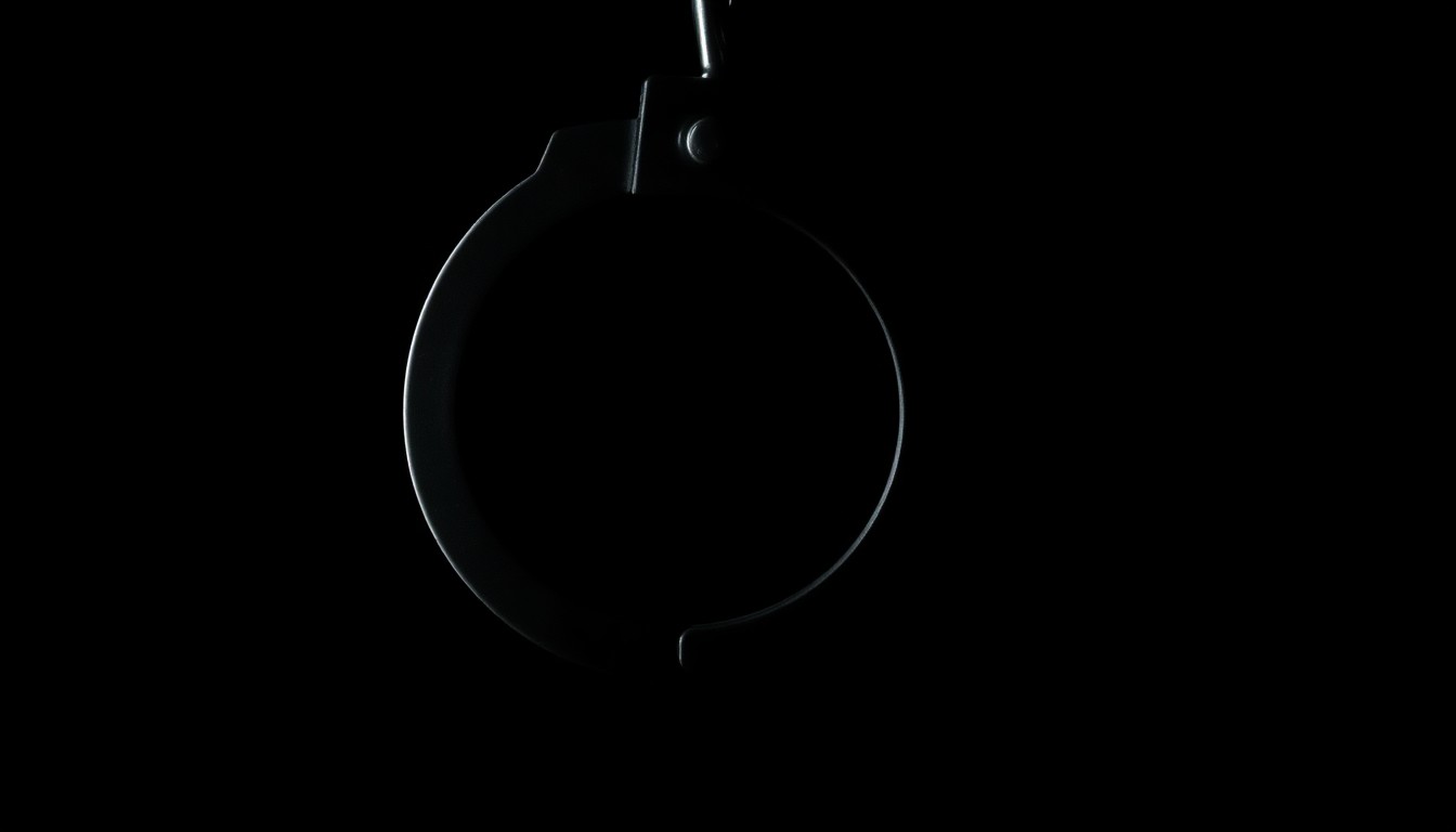 An extreme close-up photograph of a police badge or handcuffs against a pitch-black background, lit by a harsh, direct camera flash to create a stark, gritty, investigative aesthetic.