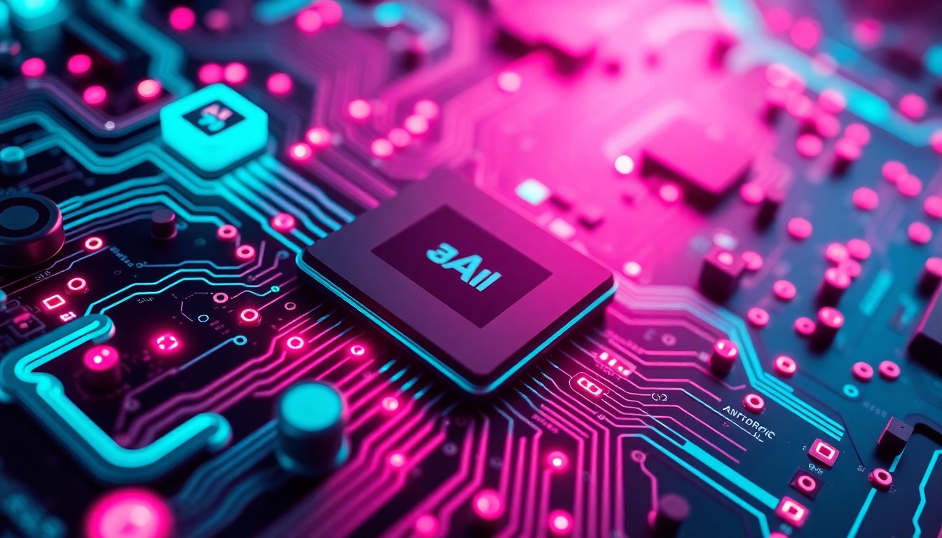 A highly detailed, glowing 3D macro illustration of a complex circuit board with pulsing neon cyan and magenta lights, conceptually representing the advanced AI infrastructure at the heart of the dispute between Anthropic and the U.S. government.