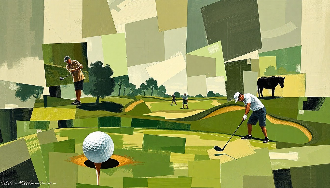 A cubist, geometric painting depicting a fragmented golf tournament, with overlapping planes of muted greens, browns, and grays, punctuated by flashes of white representing the golf ball and clubs.