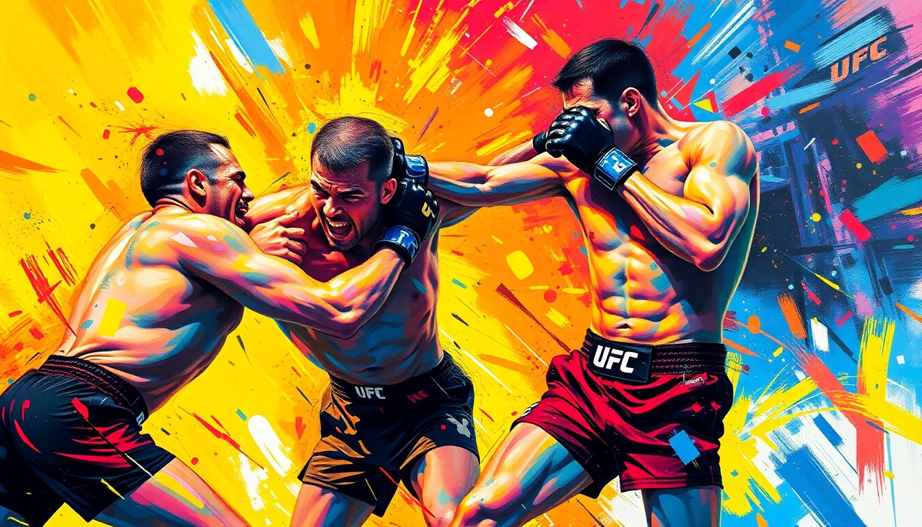 An abstract, expressionist painting featuring two figures in a dynamic, high-energy UFC fight, with vibrant neon colors and rapid brushstrokes conveying the raw intensity of the action.