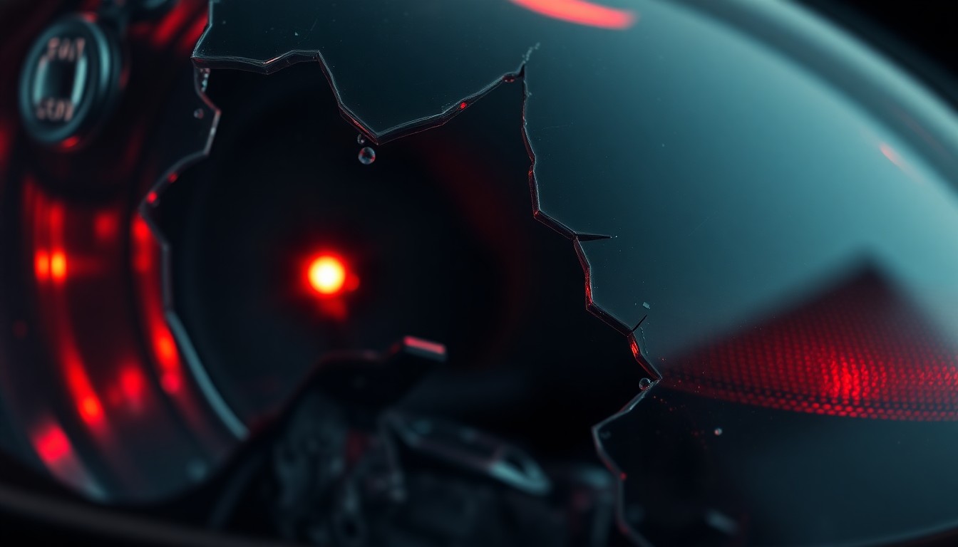 An extreme close-up of a shattered car sensor lens reflecting a faint red light, conceptually illustrating the vandalism and damage caused by a fatal crash that led to the deportation of the driver before he could be sentenced.