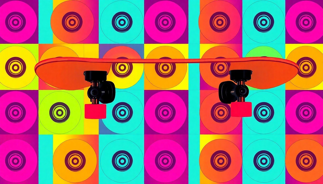 A bold, colorful silkscreen-style illustration featuring a repeated graphic element from a skateboard, such as a wheel or truck, in a vibrant neon color palette, capturing the energy and creativity of the student skateboard art exhibition.