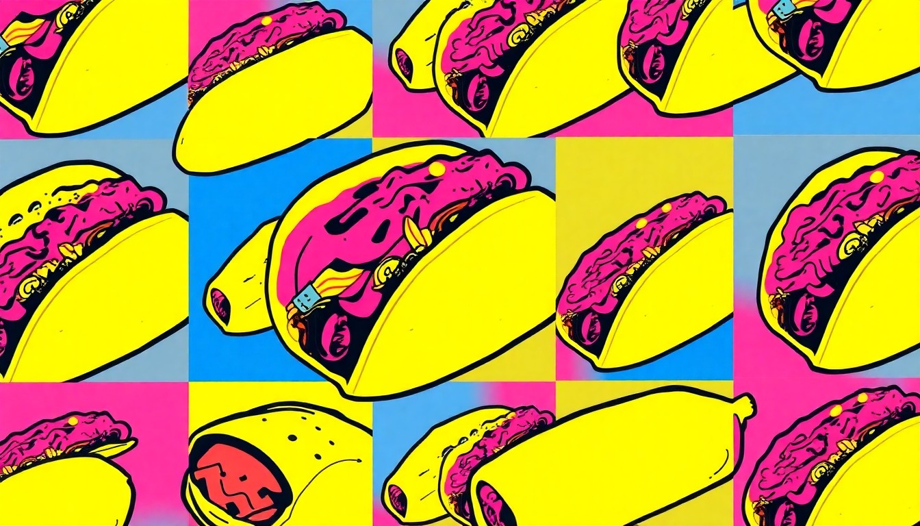A high-contrast, silkscreen-style illustration of a pita bread or falafel ball repeated in a grid pattern, using bold, neon-like colors to capture the vibrant, modern aesthetic of the Great Greek Mediterranean Grill.