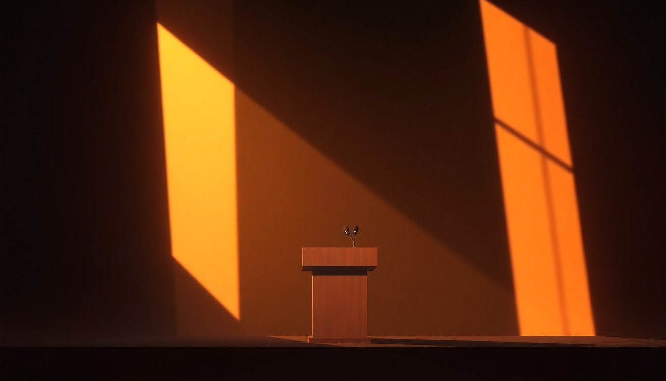 A warm, cinematic painting of an empty political debate stage or podium, with diagonal sunlight casting deep shadows across the scene, conveying a sense of quiet anticipation for the upcoming forum.