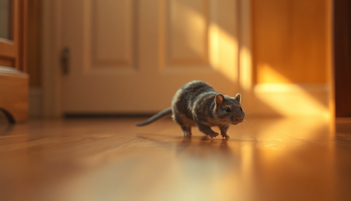 An extremely abstracted, out-of-focus photograph of a rodent scurrying across a hardwood floor, with soft, warm pools of light and color creating an atmospheric, dreamlike quality that conceptually represents the hidden dangers of rodent infestations.