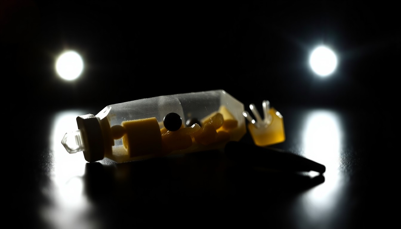 An extreme close-up photograph of a small plastic bag containing an unidentified white powder, dramatically lit by a harsh camera flash against a pitch-black background, conceptually representing the illegal narcotics seized during the island-wide operation.