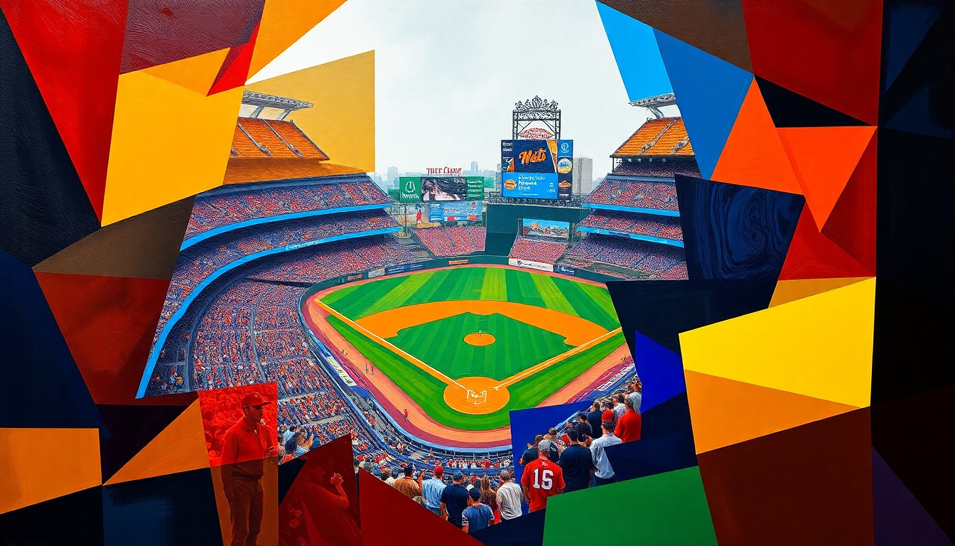 A fragmented, geometric painting depicting a baseball game in progress, with the players and field broken down into sharp, overlapping shapes in the colors of the Mets and Giants uniforms.