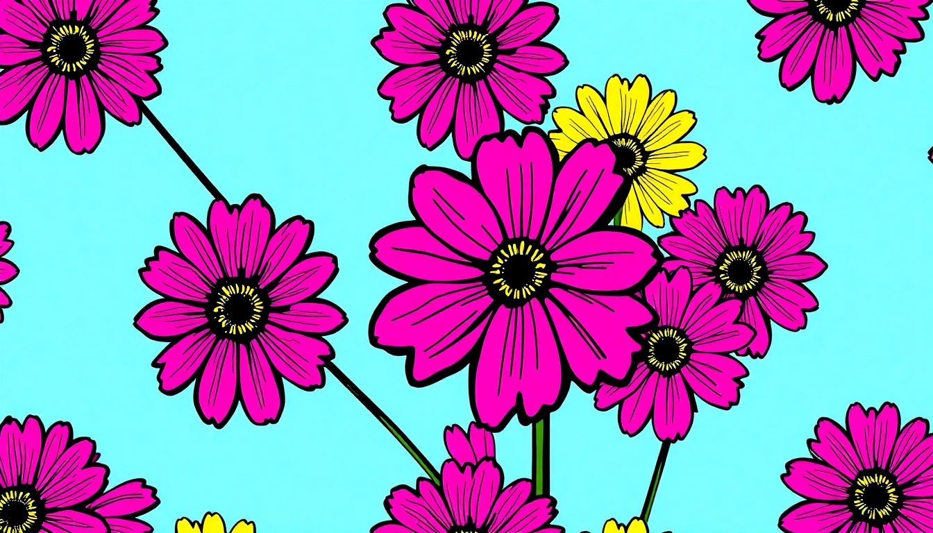 A highly stylized, silkscreen-inspired illustration featuring a repeating pattern of a single, iconic wildflower in a grid of bright, neon-like colors and bold black outlines, conceptually representing the beauty and environmental impact of North Carolina's award-winning roadside plantings.