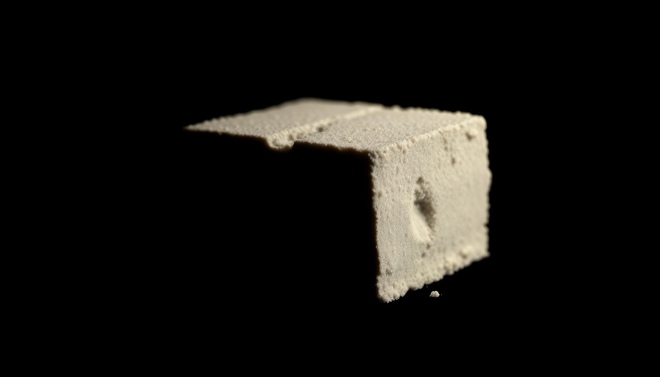 An extreme close-up photograph of a single brick of cocaine, its rough texture and sharp edges dramatically illuminated by a harsh, direct camera flash against a pitch-black background, creating a stark, gritty, investigative aesthetic.
