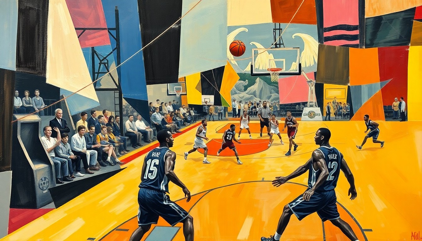 A cubist, geometric painting depicting the dynamic movements and energy of a college basketball game, with the players' forms fractured into overlapping planes of color and shape.