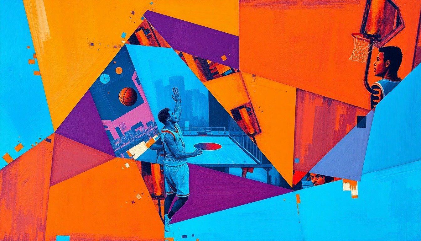 A fragmented, cubist-style painting depicting the action of a basketball game, with players and the court broken down into sharp, angular geometric shapes in a vibrant color palette, conveying the emotional turmoil and dysfunction within the Orlando Magic team.