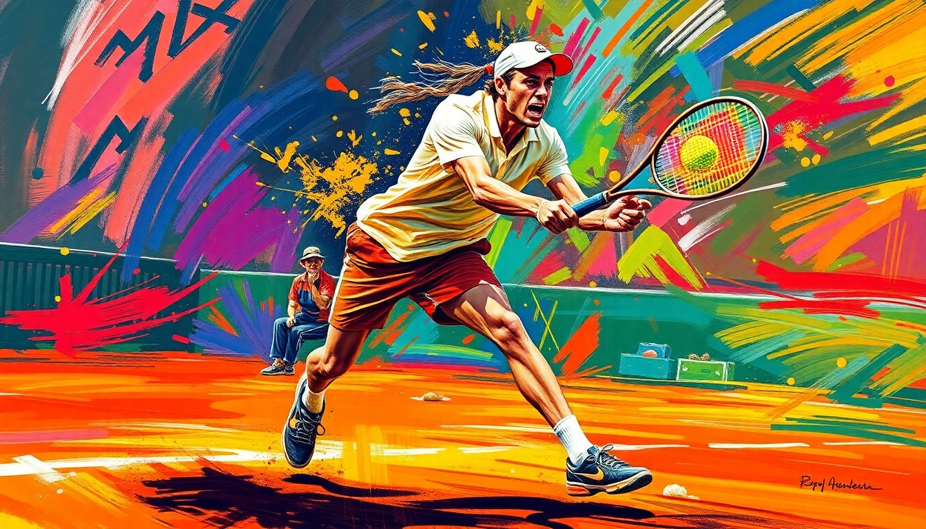 An abstract, energetic painting in neon colors depicting the dynamic movements of a tennis player on a clay court, capturing the raw power and intensity of the sport.