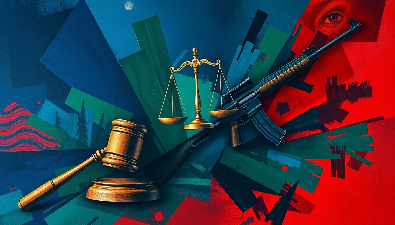 An abstract, fragmented painting featuring overlapping symbols of justice and firearms in bold, clashing colors, conceptually representing the divisive politics around gun legislation.