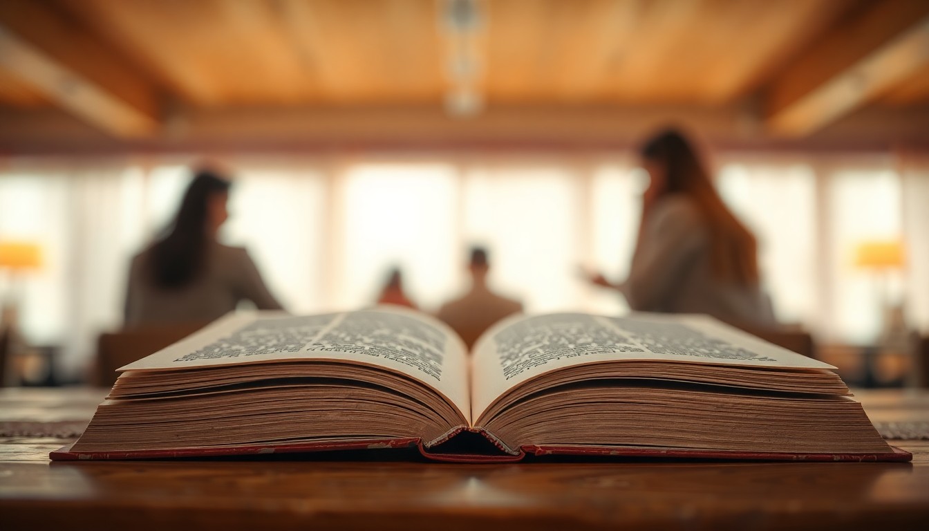 An abstract, impressionistic photograph of an open book on a wooden table, with blurred figures in the background, all captured in a warm, hazy glow of soft light and color.