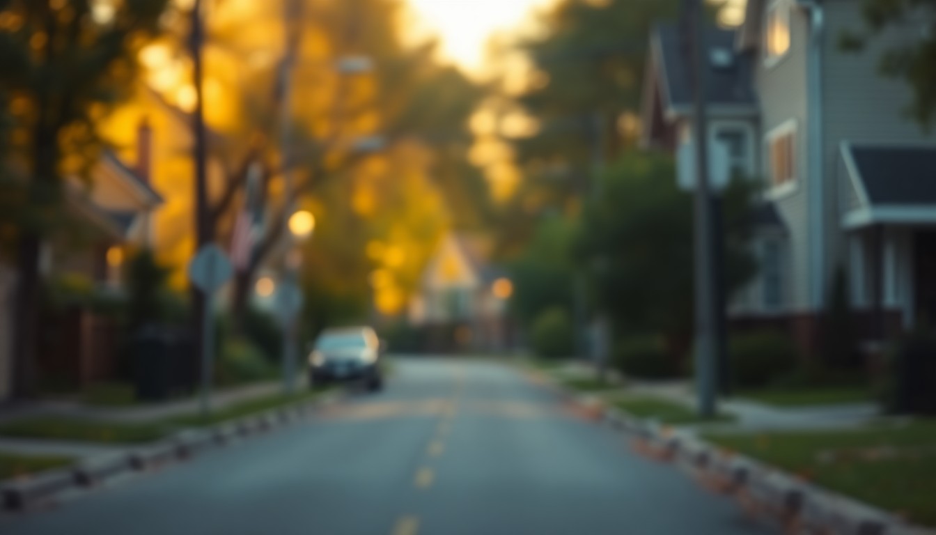 An abstract, impressionistic photograph of a residential street, with blurred houses and trees in the background and soft, warm light creating a hazy, atmospheric mood.