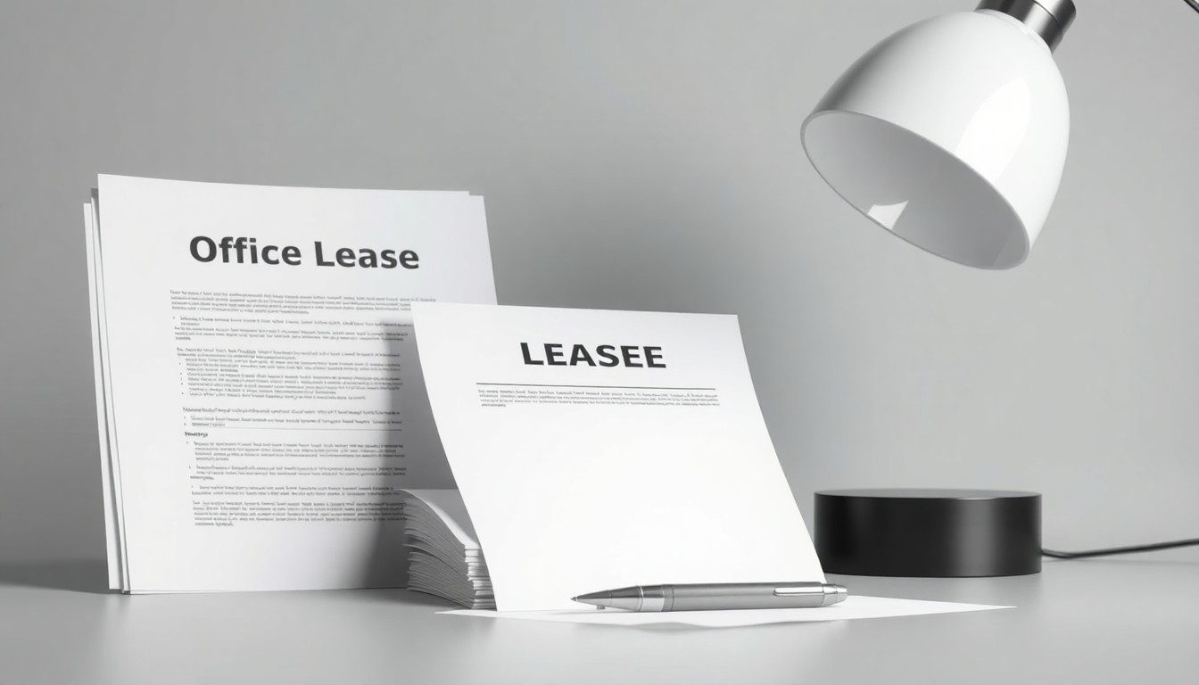 A minimalist, high-contrast studio photograph featuring a stack of office documents, a pen, and a modern desk lamp, conceptually representing the renewal of a commercial real estate lease.