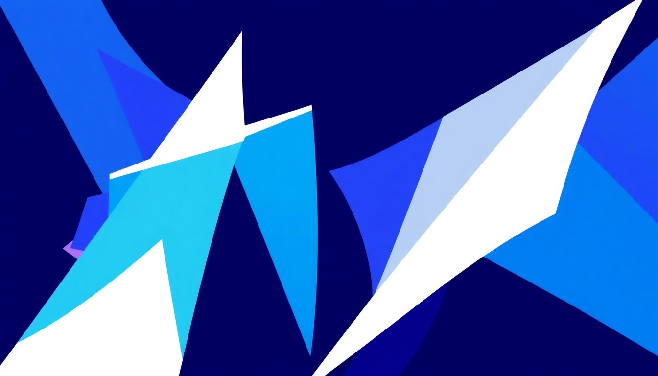 An abstract composition of sharp, angular shapes in shades of blue, purple, and white, conveying the dynamic energy and spiritual essence of the Christian EDM movement.