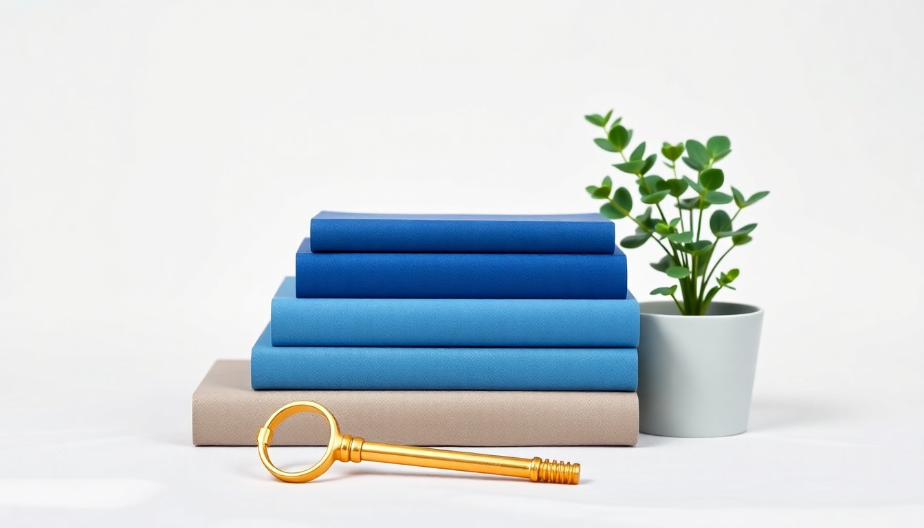 A photorealistic studio still life featuring a stack of blue hardcover books, a golden key, and a small potted plant, symbolizing the values of education, opportunity, and growth that the Blue Key Business Scholarship aims to foster.