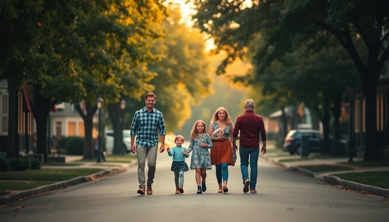 An abstract, out-of-focus photograph featuring a family walking down a tree-lined street, with warm pools of light and color creating a sense of nostalgia and community.