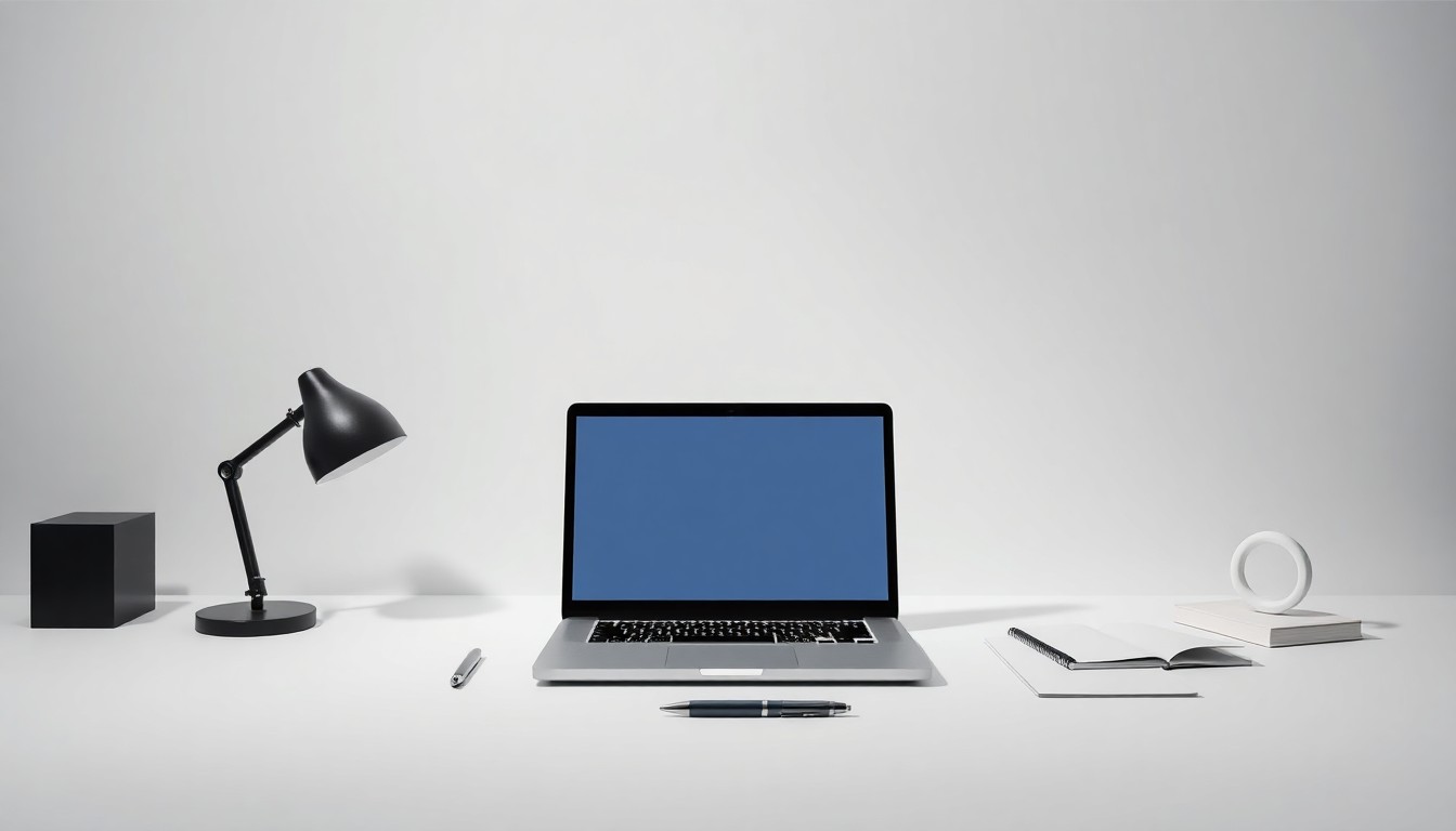 A photorealistic studio still life featuring a minimalist desk setup with a laptop, pen, and other premium office accessories arranged elegantly on a clean, monochromatic background, conceptually representing the abstract corporate strategy and brand authority that Factory PR helps its clients achieve.