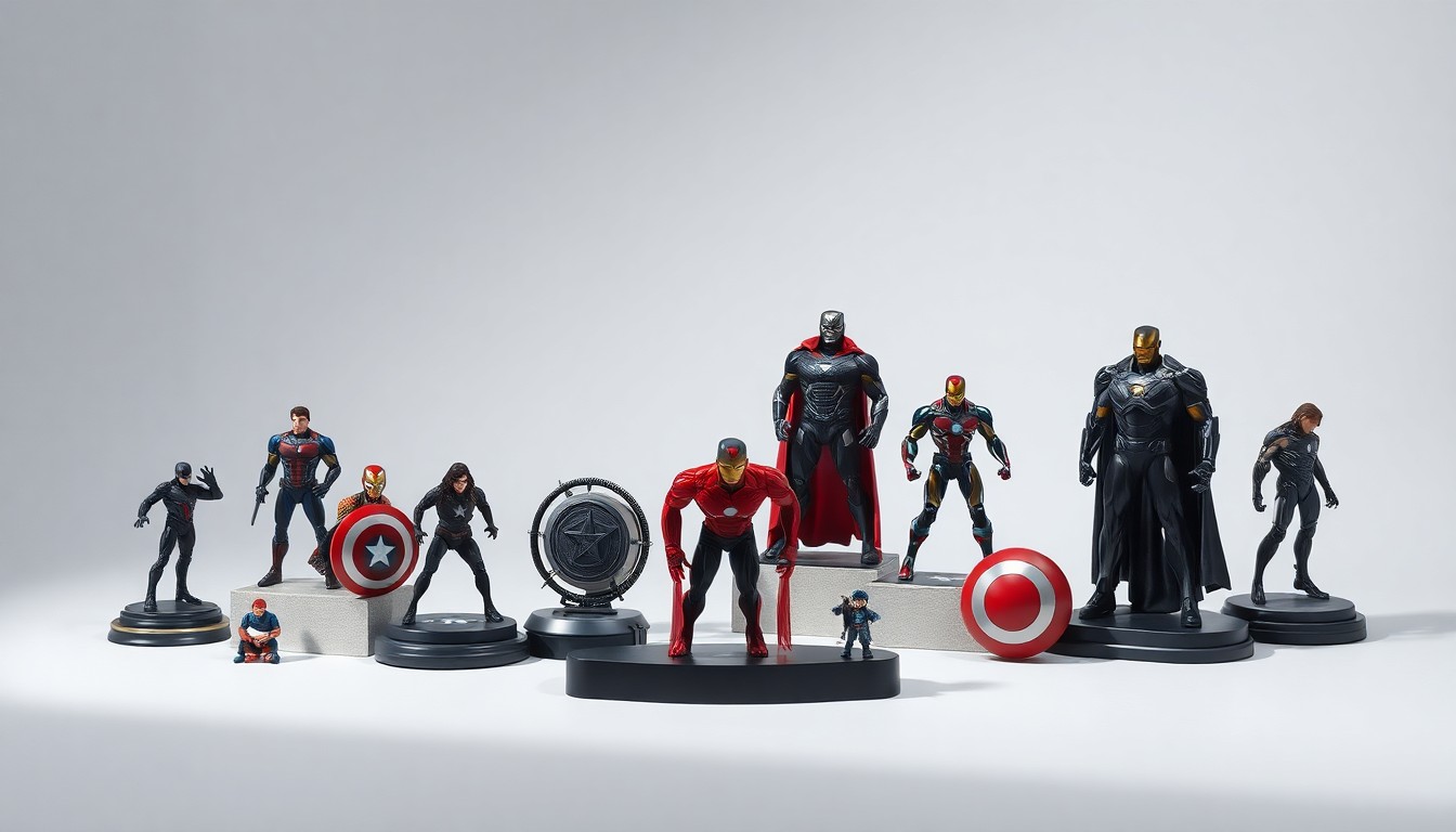 A photorealistic studio still-life featuring a collection of premium Marvel action figures, comic books, and other collectibles arranged elegantly on a clean, monochromatic background, conceptually representing the conversion of audience attention into stable revenue streams for online merchants.