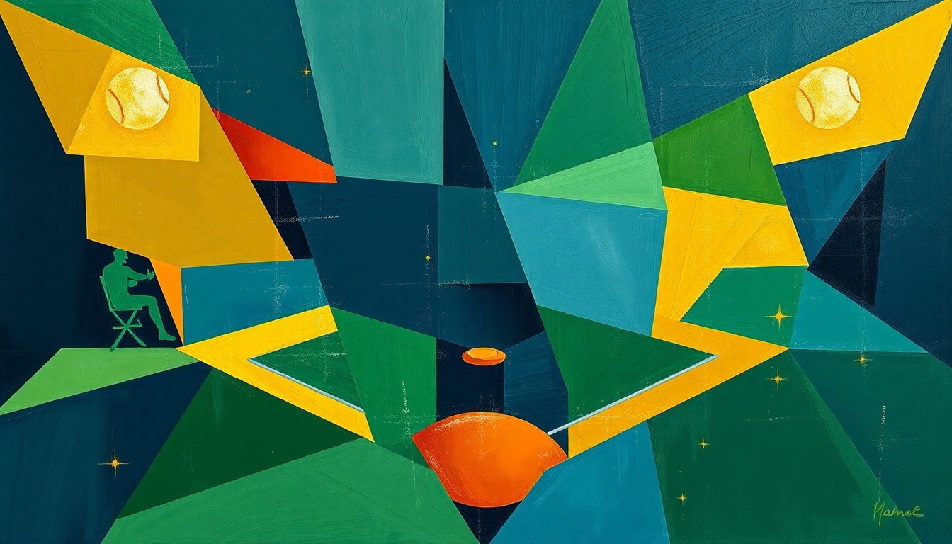 A fragmented, geometric painting depicting a softball game in progress, with overlapping planes of navy, green, and ochre colors representing the dynamic action on the field.