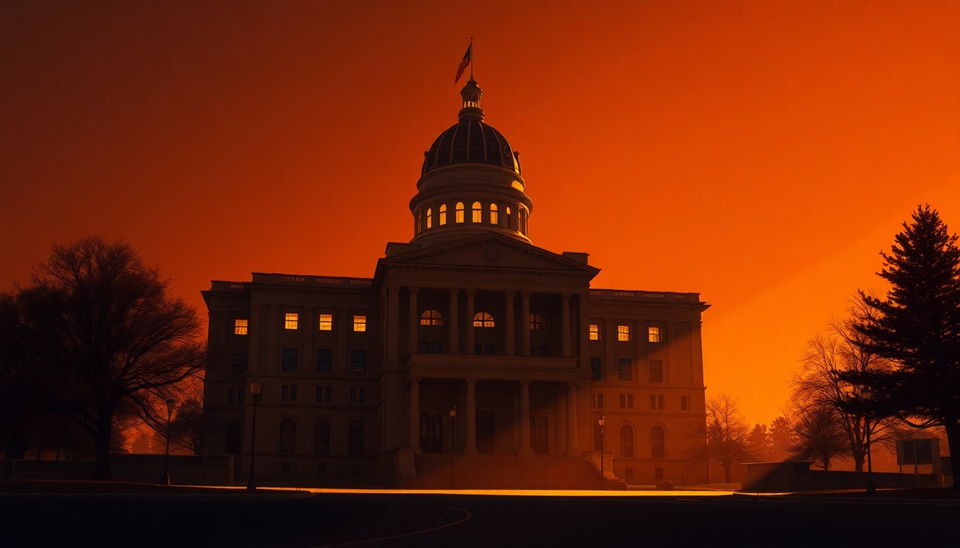 A serene, photorealistic painting of the Colorado state capitol building in warm, golden light, conveying a sense of quiet tension and unease surrounding the political dispute.