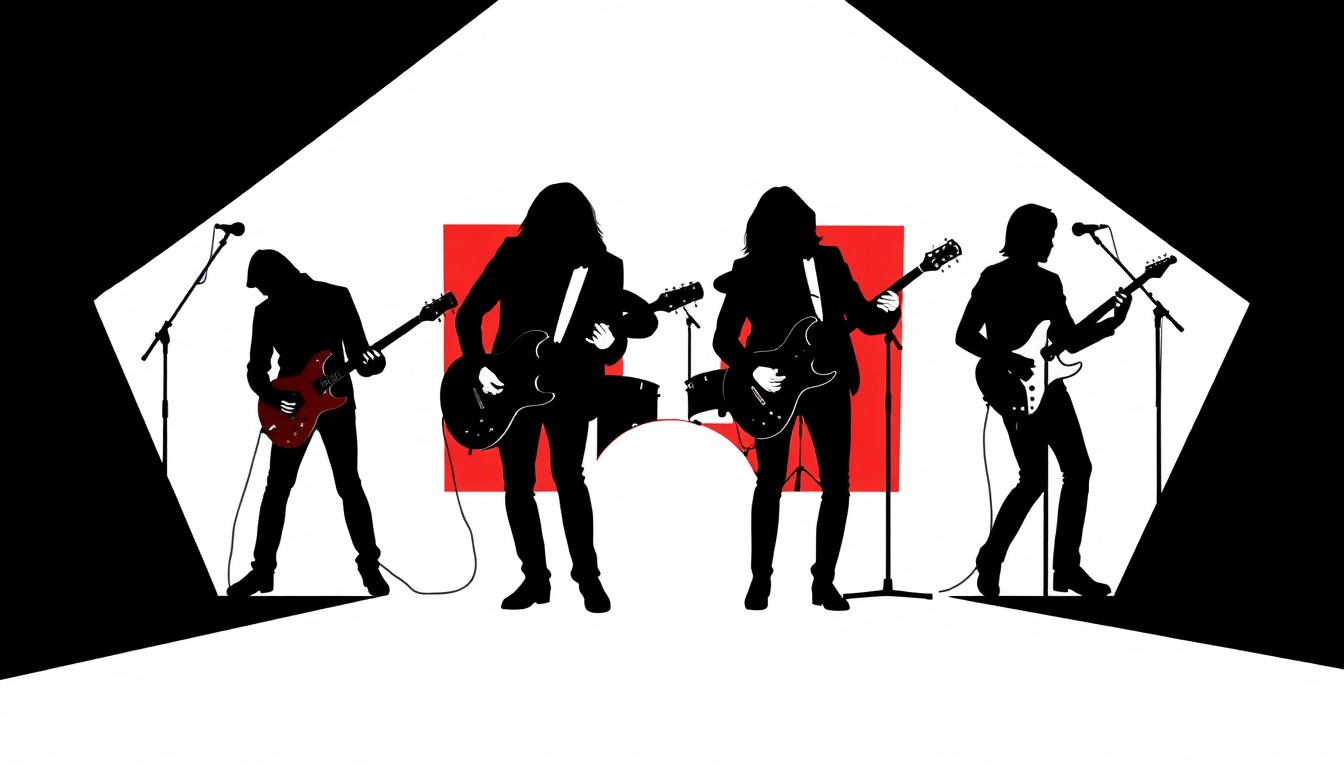 A striking abstract illustration featuring bold, jagged shapes in red and black, conceptually representing the energy and dynamism of a rock band performance.