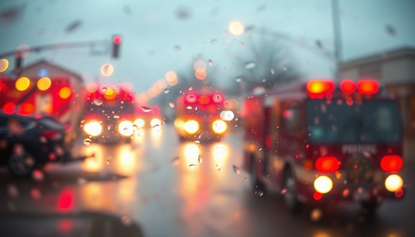 An abstract, out-of-focus scene depicting the blurred silhouettes of firefighters and emergency vehicles, conveying the fast-paced and unpredictable nature of the fire department's work.